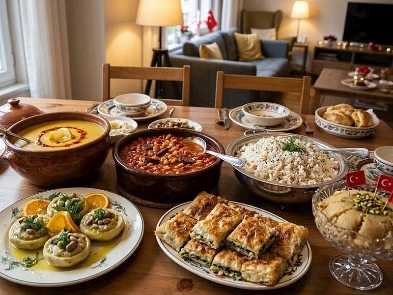 Çorba, kuru fasulye, pirinç pilavı, zeytinyağlı enginar, börek ve irmik helvasının yer aldığı bayram sofrası