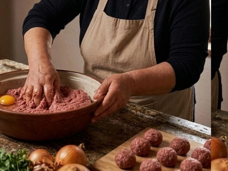 Köfte harcının yumurta ve suyla yoğrulması