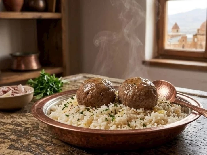 Pirinç pilavı üzerinde servis edilen iki Abdigör köftesi