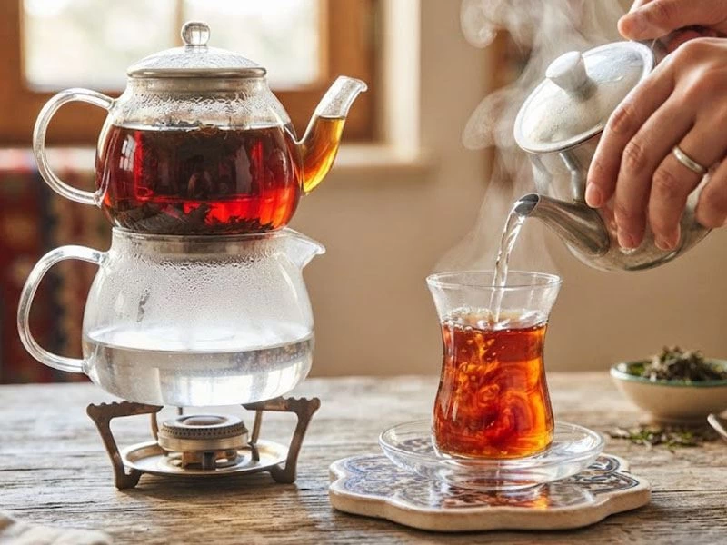 Cam demlikteki çayın bardağa doldurulması