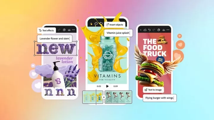 Koyu arka plan üzerinde renk geçişli Adobe Express logosu
