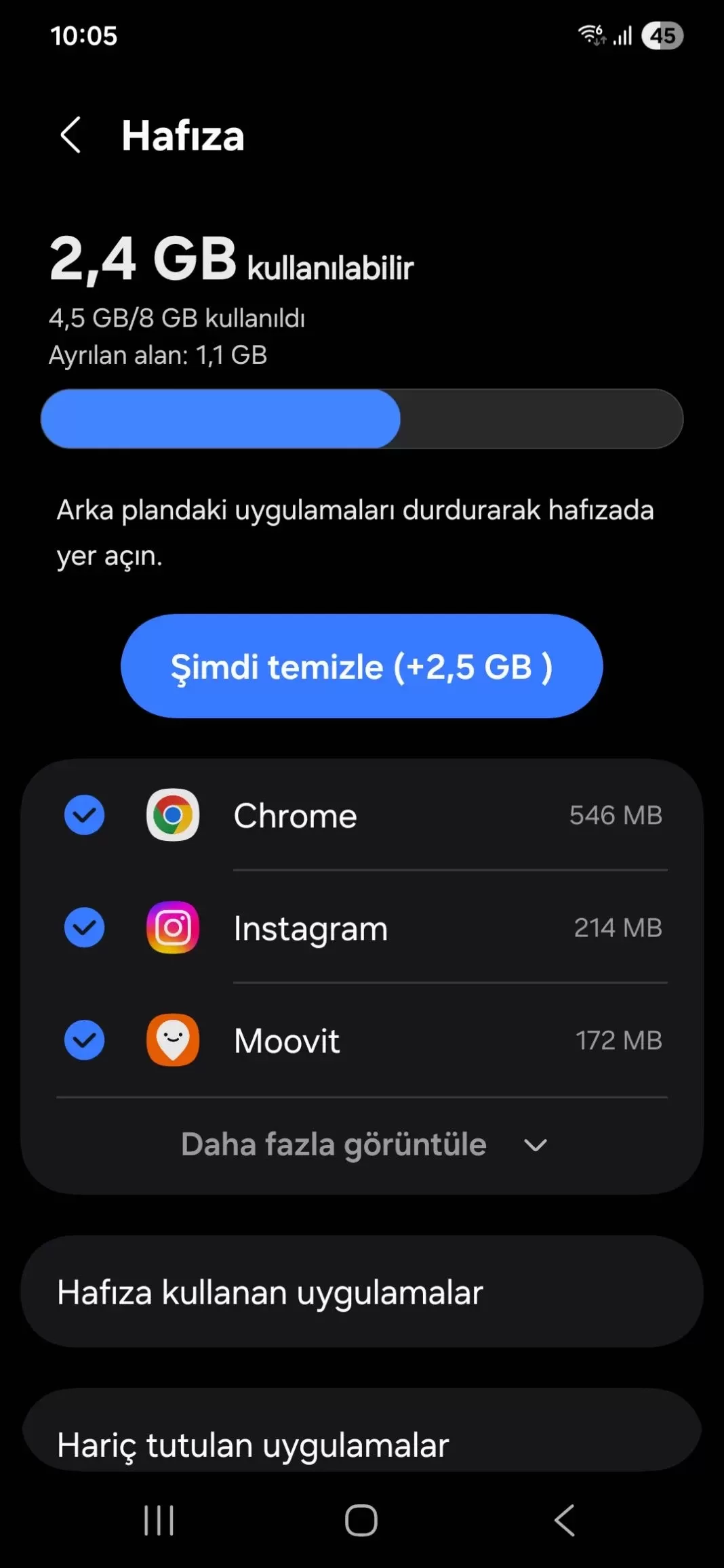 Android hafıza ekranında kullanılabilir bellek ve arka plan uygulamaları