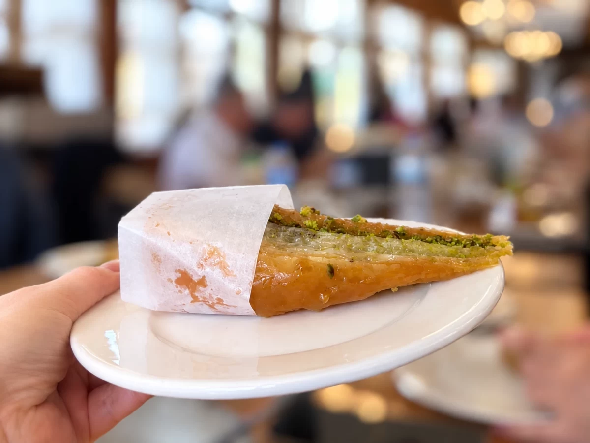 Elde tutulan tabakta Antep fıstıklı havuç dilim baklava