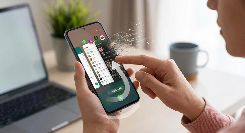 Bir telefon ekranındaki uygulama listesini kapatan kişi