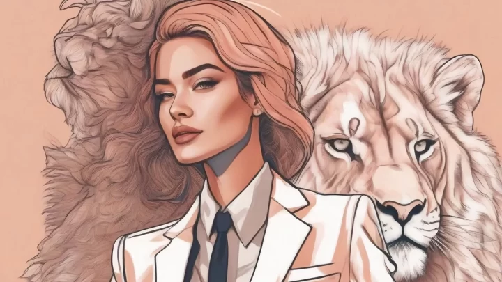 Aslan burcu temalı illüstrasyon; kadın figürü ve beyaz aslan