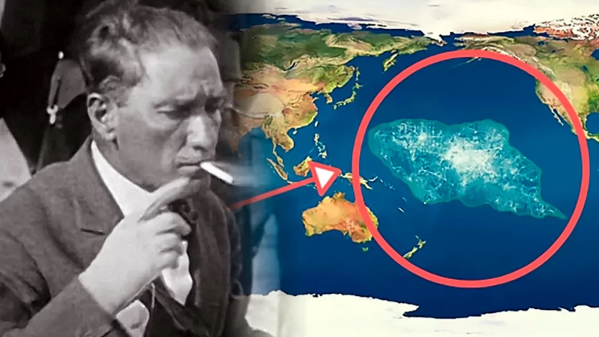 Atatürk portresi ile Pasifik’te Mu iddiasını gösteren haritanın birleştirildiği görsel
