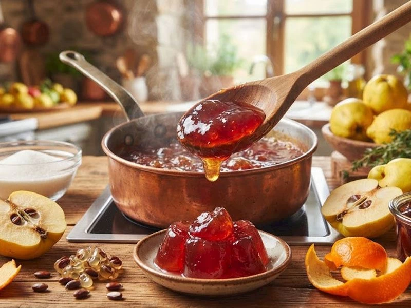 Tencerede kaynayan ayva reçelinden kaşığa alınan koyu kırmızı şurup