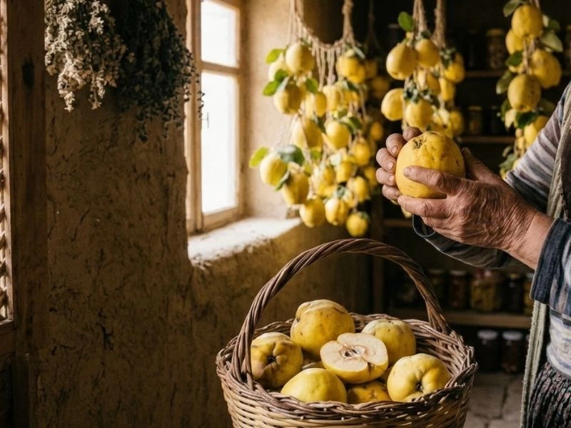 Bir kişinin elinde ayva, önünde ayvalarla dolu sepet
