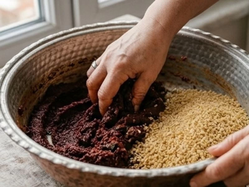 Bakır leğende isotlu karışımla bulgurun yoğrulması