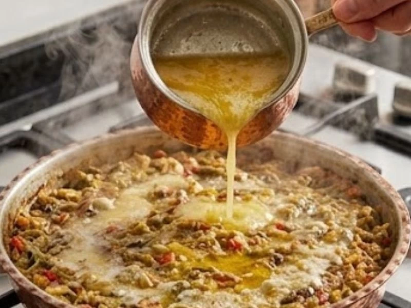 Tencereden tepsideki yemeğin üzerine eritilmiş tereyağı dökülmesi