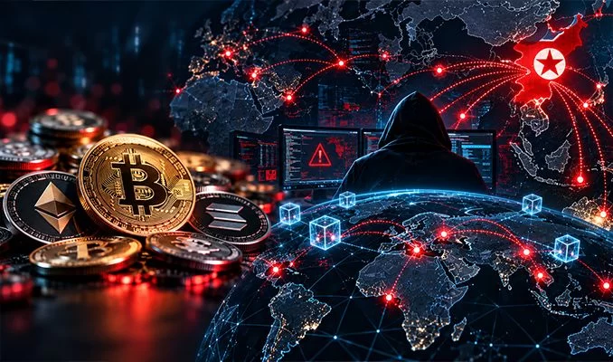 Kripto paralar, harita üzerinde Kuzey Kore bağlantılı siber saldırı teması ve kapüşonlu hacker silueti