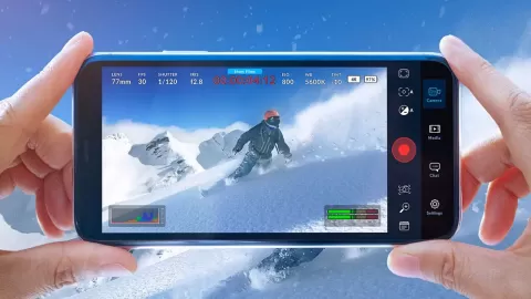 Blackmagic Camera uygulamasının mavi zemin üzerindeki kamera merceği simgesi