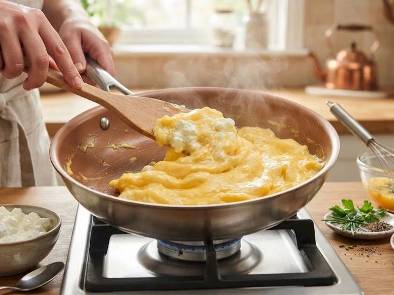Tavada spatulayla karıştırılan kremamsı çırpılmış yumurta