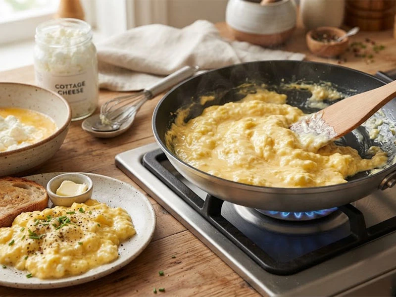 Cottage cheese eşliğinde tavada pişen çırpılmış yumurta ve servis tabağı