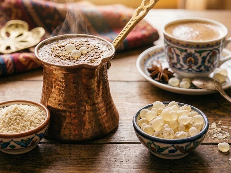 Cezvede kahve ve yanında beyaz damla sakızı parçaları