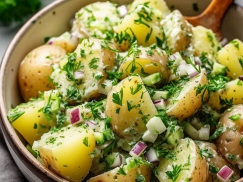 Maydanoz ve ince doğranmış malzemelerle hazırlanmış patates salatası