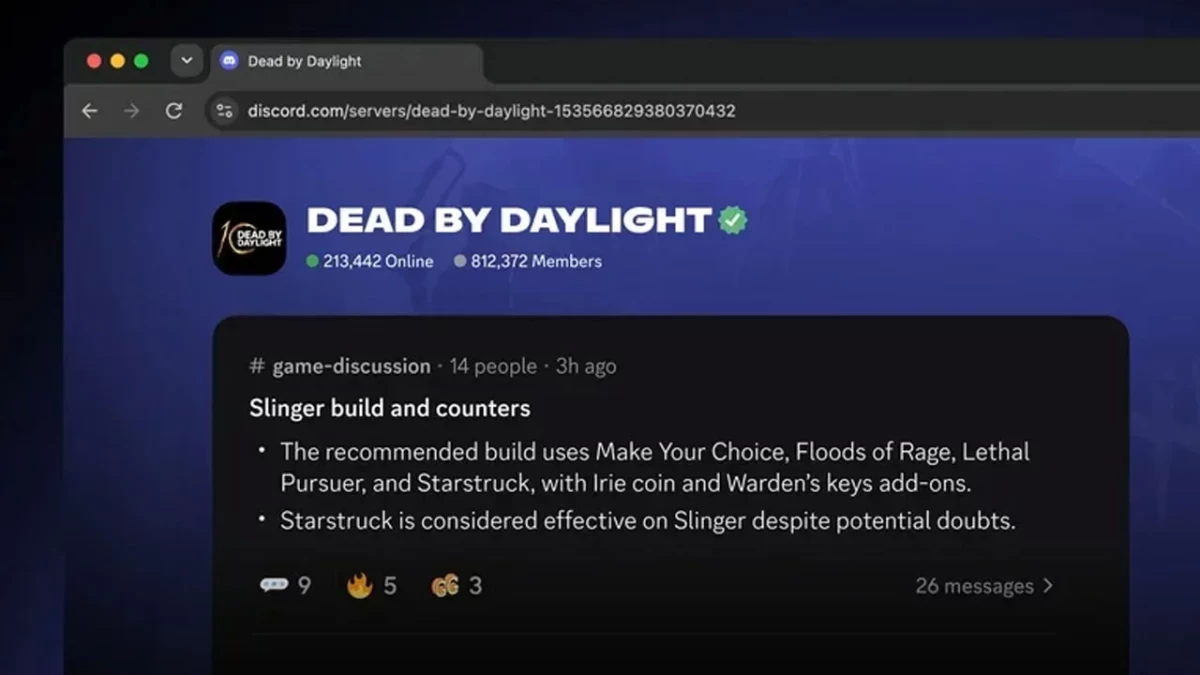 Discord web sayfasında Dead by Daylight sunucusunun bilgileri ve halka açık kanalındaki oyun tartışması