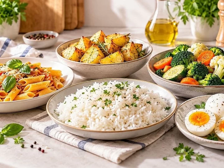 Pilav, makarna, patates, sebzeler ve yumurtadan oluşan yemek çeşitleri
