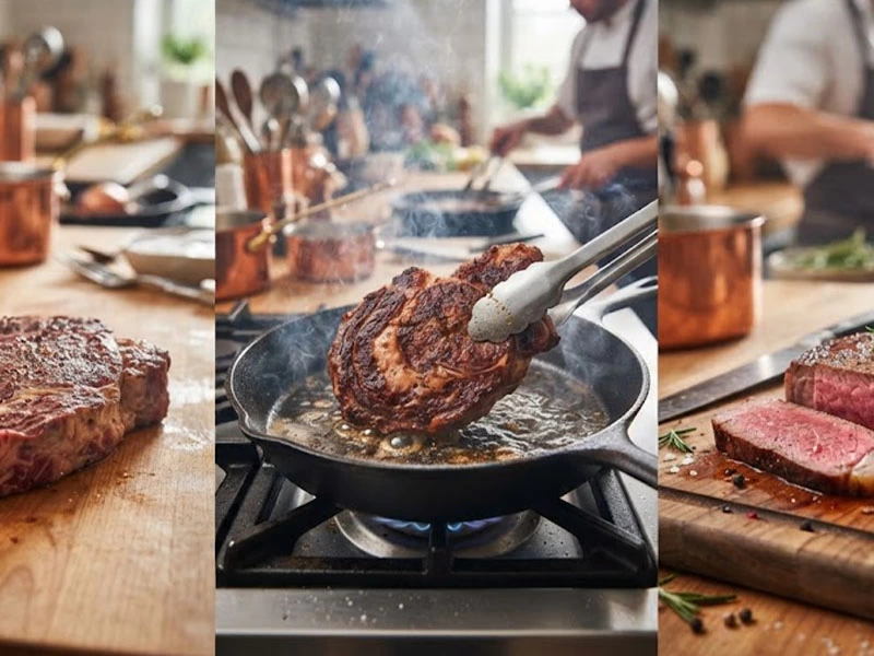 Döküm tavada kızarmış steak maşa ile tutuluyor