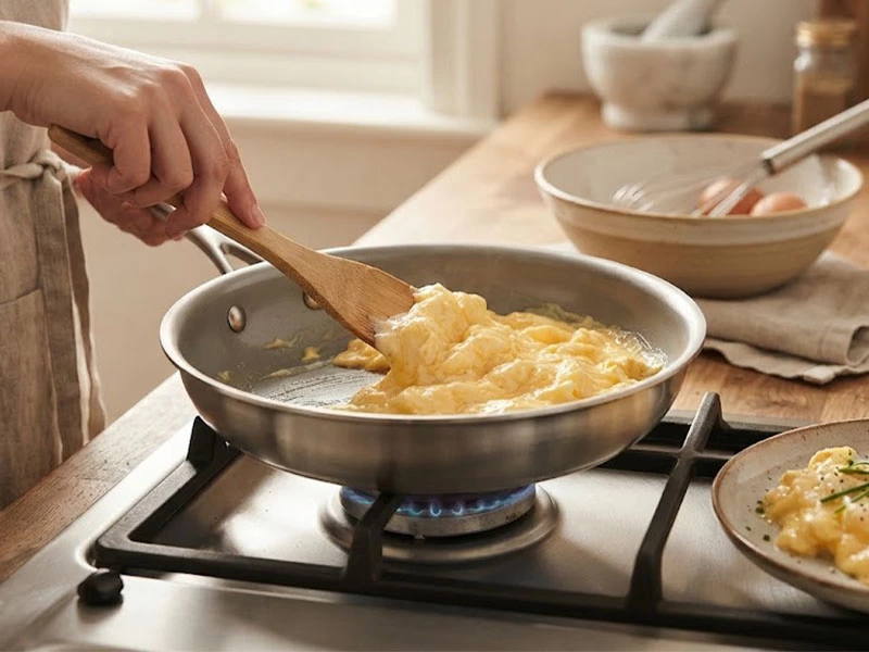 Tavada düşük ateşte spatulayla yavaşça katlanan çırpılmış yumurta
