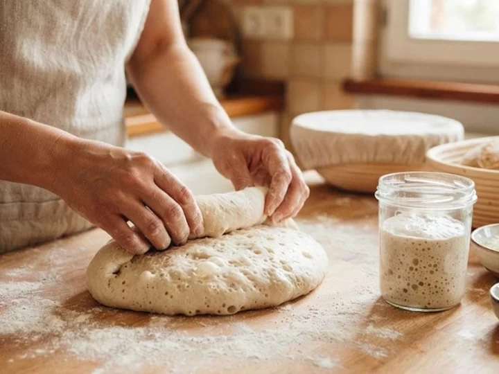 Ekşi mayalı ekmek hamurunu yoğuran kişi ve kavanozda ekşi maya