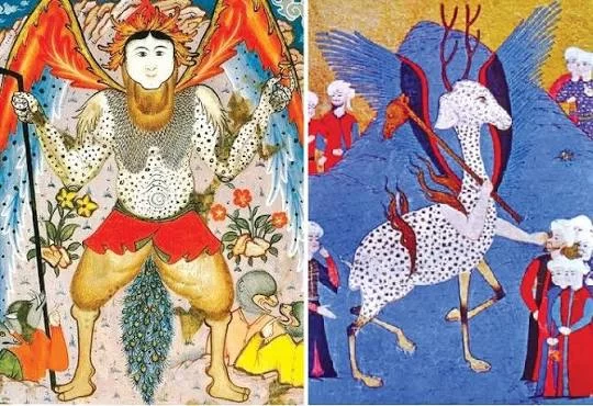 El yazması görünümündeki sayfada kanatları açık, koyu renkli hayali bir varlık resmi yer alıyor.