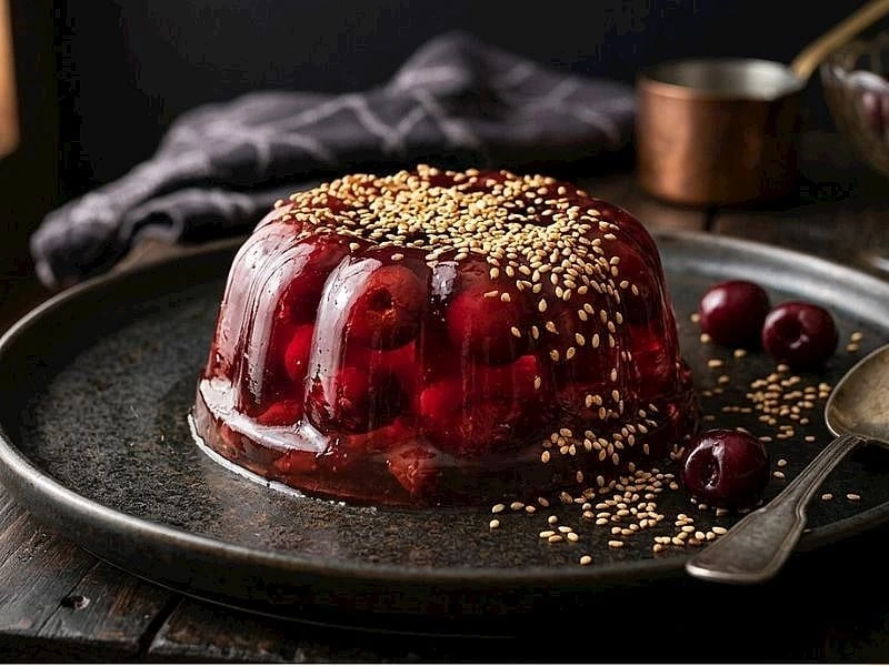 Susamla süslenmiş, kalıptan çıkarılmış kırmızı elmasiye tatlısı