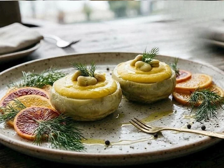 Portakal dilimleri ve dereotuyla servis edilen, fava dolgulu enginar çanakları