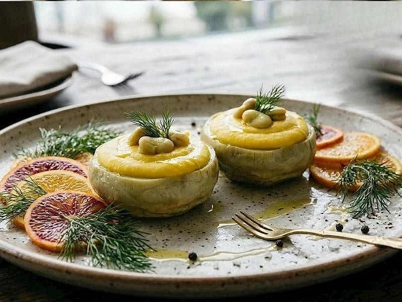 Portakal dilimleri ve dereotuyla süslenmiş fava dolgulu iki enginar