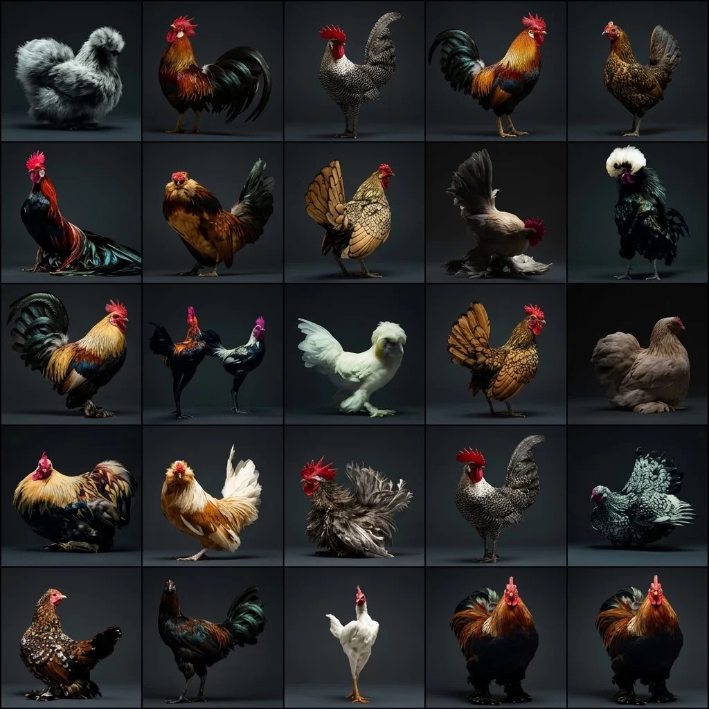 Farklı renk ve görünümlerde tavukların kolajı