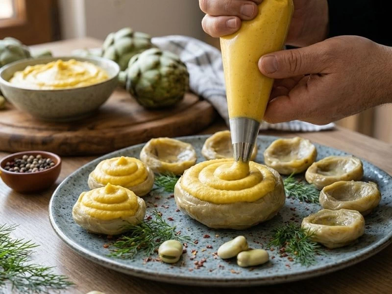 Sıkma torbasıyla fava harcı enginar çanaklarına dolduruluyor