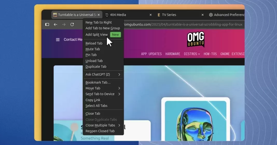 Firefox sekme menüsünde Add Split View seçeneği gösteriliyor.