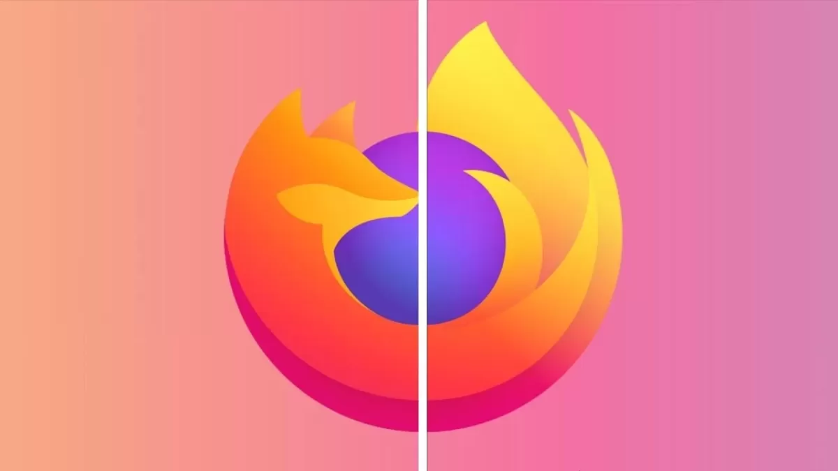 Firefox logosu pembe arka plan üzerinde dikey bir çizgiyle ikiye ayrılmış biçimde gösteriliyor.