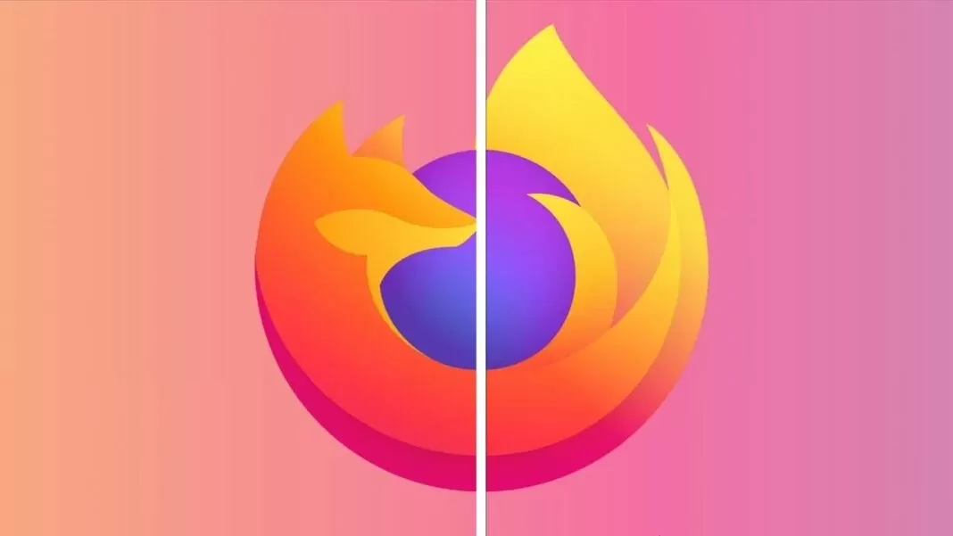 Pembe arka plan üzerinde dikey çizgiyle ayrılmış Firefox logosu.
