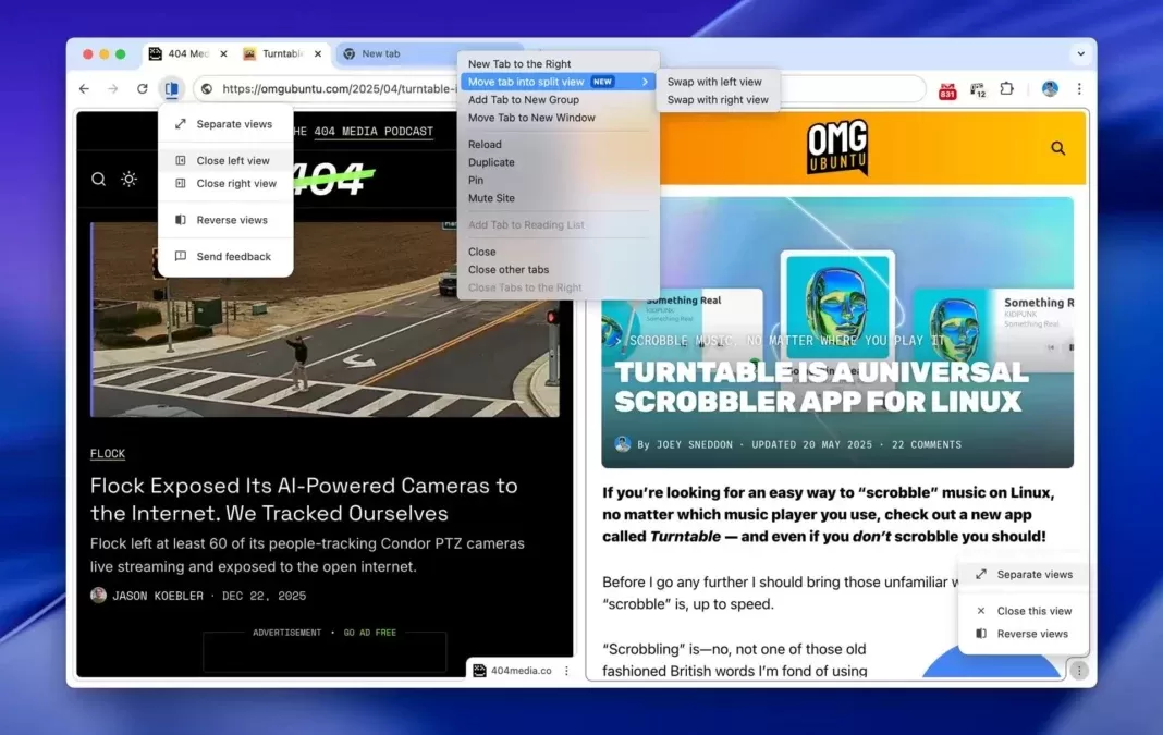 Yan yana açık iki web sayfasının bulunduğu Firefox penceresinde sekme ve bölünmüş görünüm seçenekleri açık.