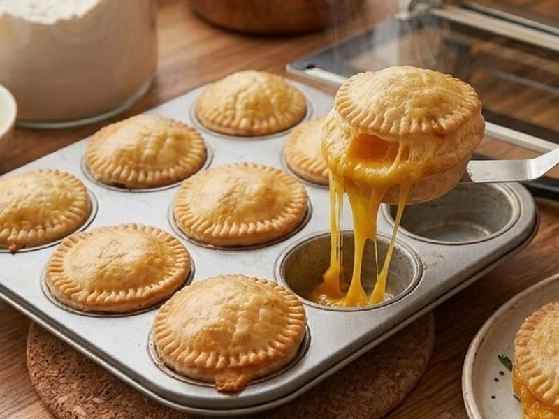 Muffin tepsisinde kızarmış mini sandviçler ve erimiş peynir