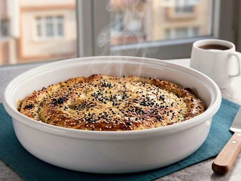 Üzeri susam ve çörek otuyla kızarmış börek, fırın kabında sıcak servis ediliyor