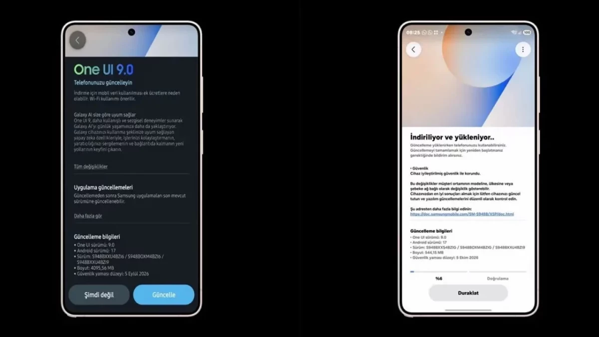 One UI 9.0 güncelleme bilgilendirme ve indirme ekranlarını gösteren iki telefon