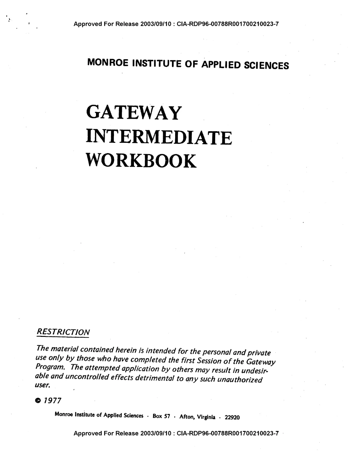 Monroe Institute of Applied Sciences antetli, 1977 tarihli Gateway Intermediate Workbook kapak sayfası.