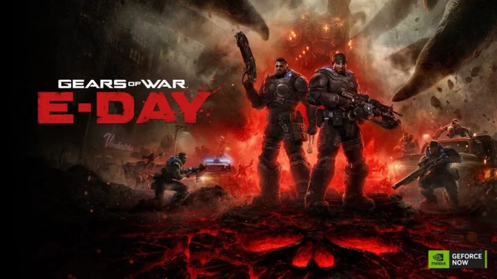 Gears of War: E-Day tanıtım görseli ve GeForce Now logosu
