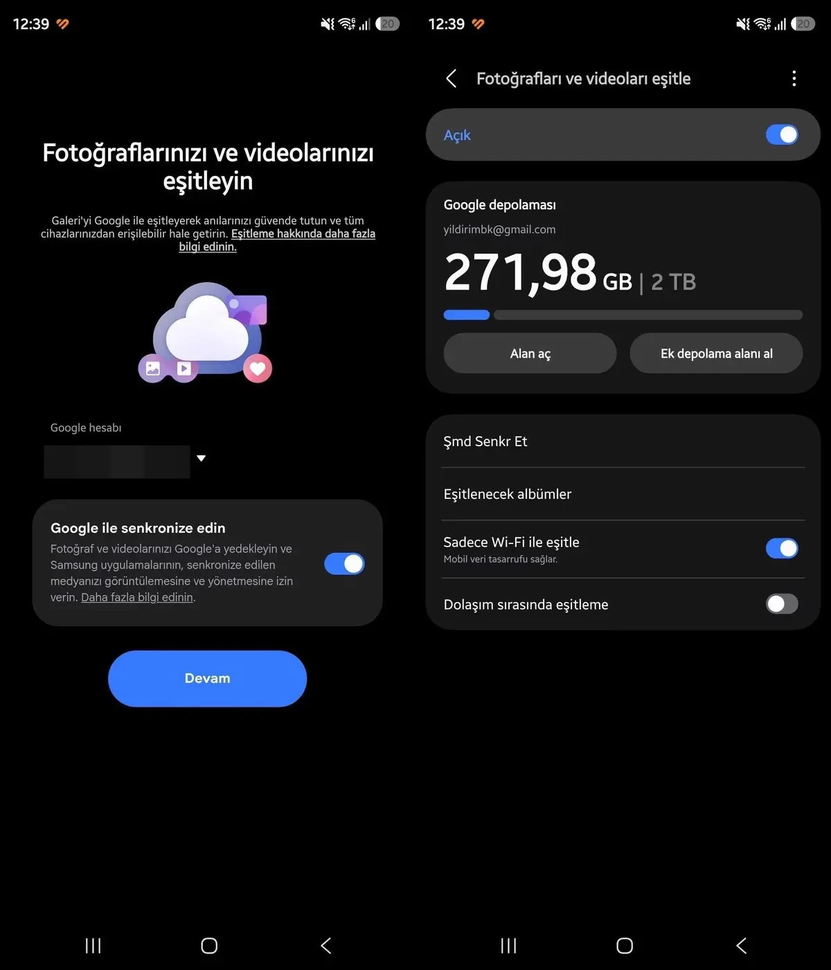Google Fotoğraflar eşitleme izni, Google depolama alanı ve senkronizasyon seçeneklerini gösteren iki telefon ekranı