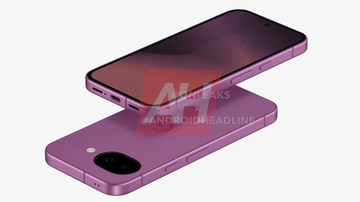 Mor renkli Pixel 11a olduğu belirtilen telefonun ön ve arka yüzünü gösteren tasarım görseli
