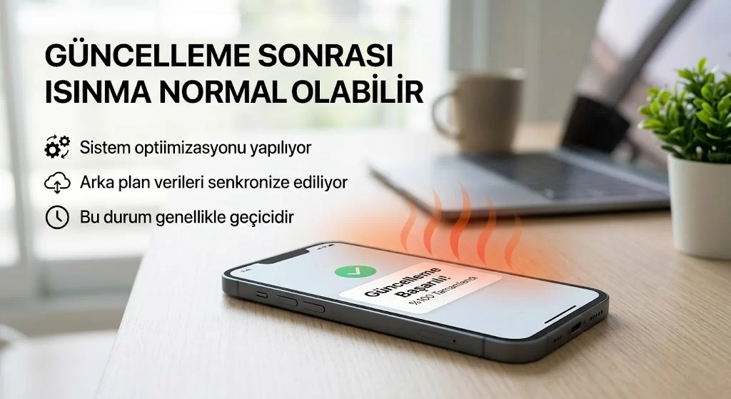 Masa üzerinde duran ve güncelleme sonrası ısındığı belirtilen telefon