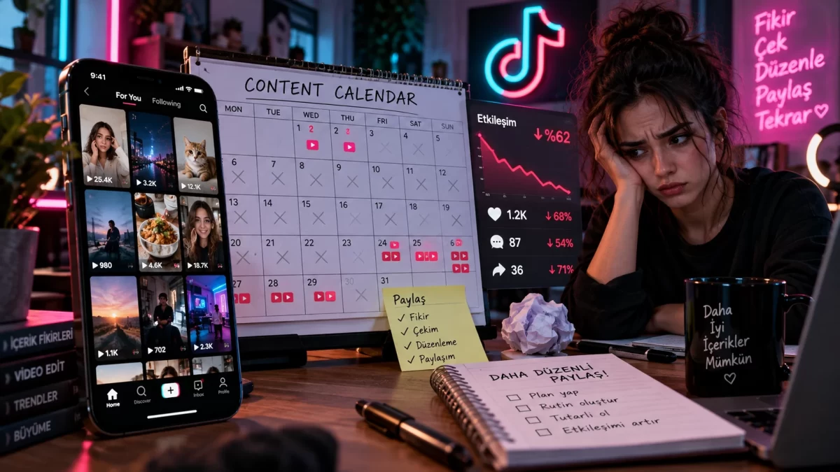 İçerik takvimi, TikTok ekranı ve düşen etkileşim grafiği önünde düşünen bir kişi