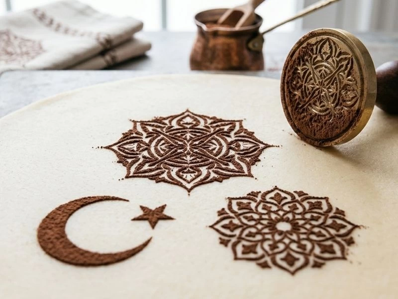 Hamur üzerinde kakao ile belirginleşmiş geometrik mühür desenleri