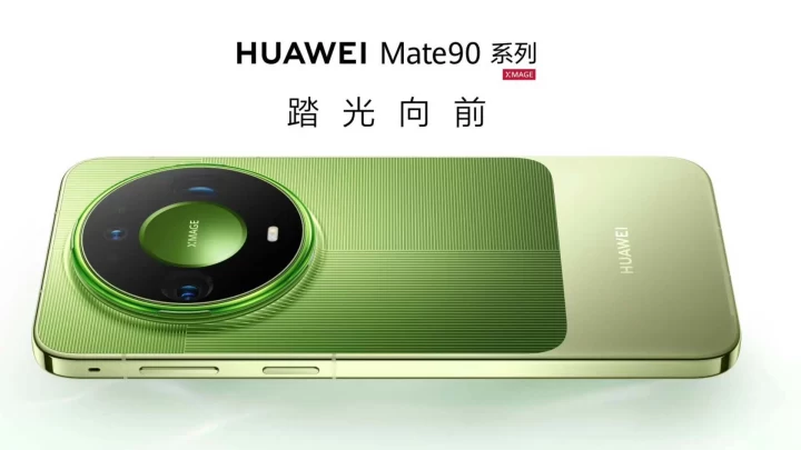 Huawei Mate 90 serisine ait yeşil renkli telefonun arka yüzü