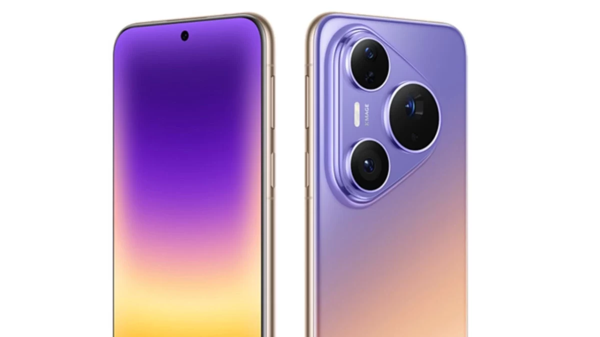 Mor ve altın tonlarında Huawei Pura 90 Plus telefonun ön ve arka yüzü