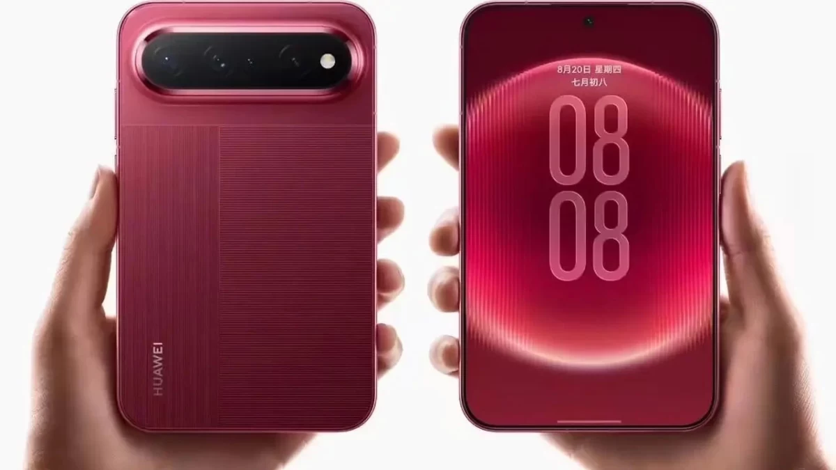Huawei Pura X View’in arka ve ön yüzünü gösteren kırmızı renkli telefon