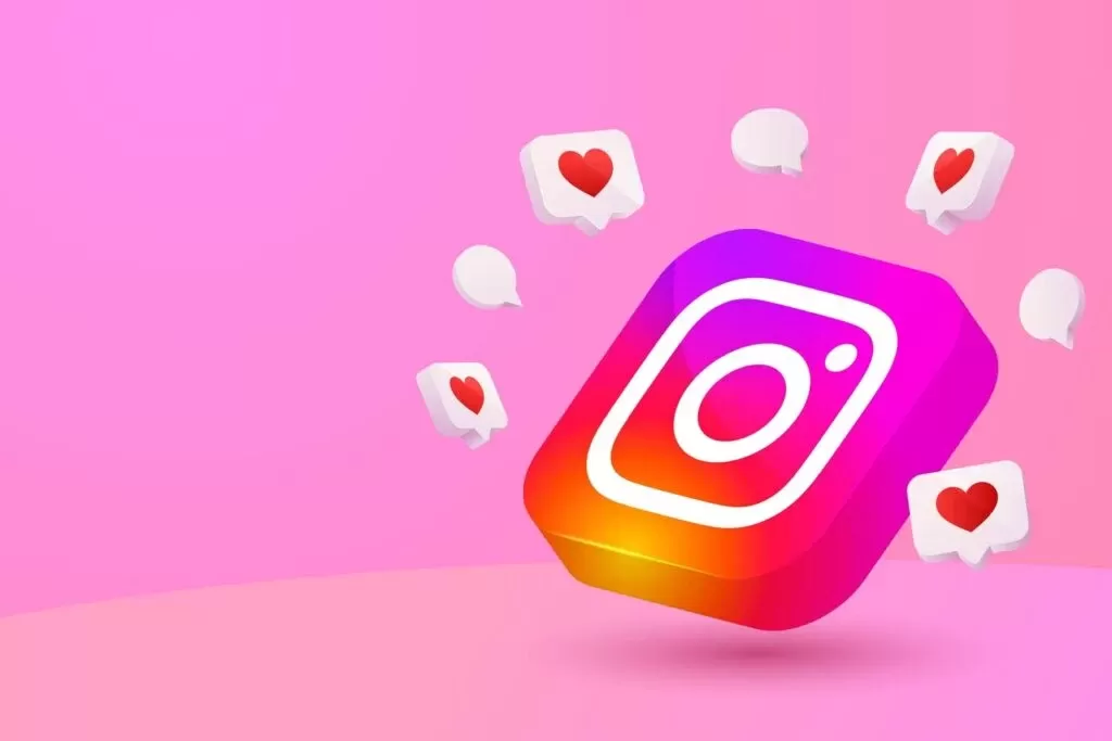 Instagram logosu çevresinde kalp simgeli bildirim balonları