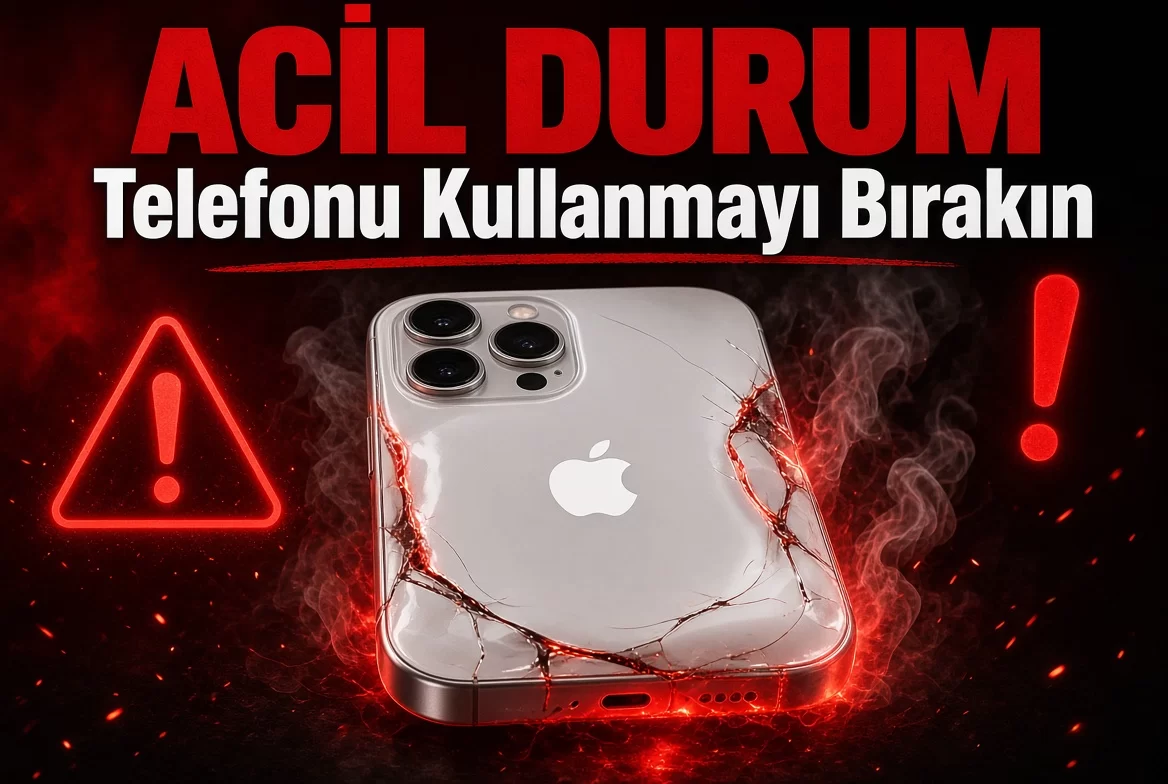 Acil durum uyarısı eşliğinde hasarlı bir telefon görseli.